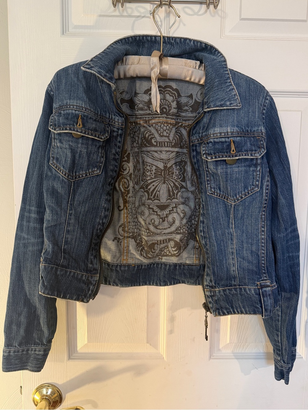 CAbi Jeans Denim Jacket Butterfly Print Lining Medium